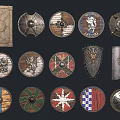 Collection of Various Historical Shields with Decorative Patterns and Different Shapes
