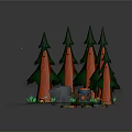 Modern 3D Rendered Forest Scene With Green Pine Trees Stone Steps And Wooden Barrel