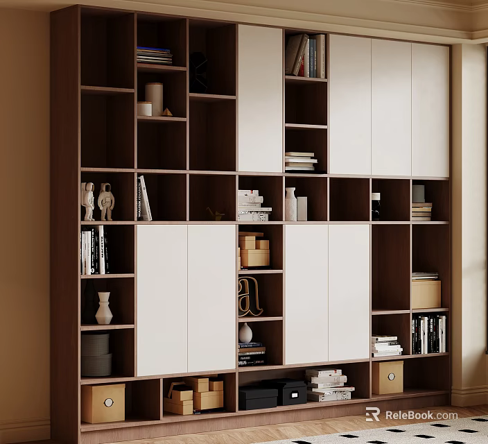 Contemporary Wooden Bookcase With Open Shelves Closed Doors Books And Decorative Items 3d model 
