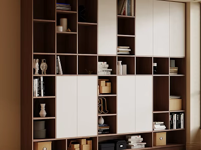 Contemporary Wooden Bookcase With Open Shelves Closed Doors Books And Decorative Items 3d model