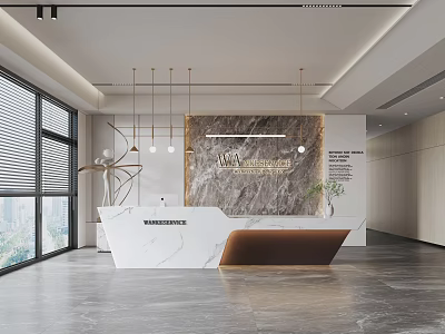 Modern Front Desk Reception Interior Design With Marble Desk And Pendant Lights 3d model