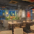 Modern Industrial Hotpot Restaurant Interior With Wooden Tables Bench Seats Hanging Lanterns And Decorative Plants