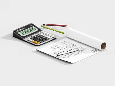 Calculator Pencils Glasses And Rolled Blueprint Paper On White Surface 3d model