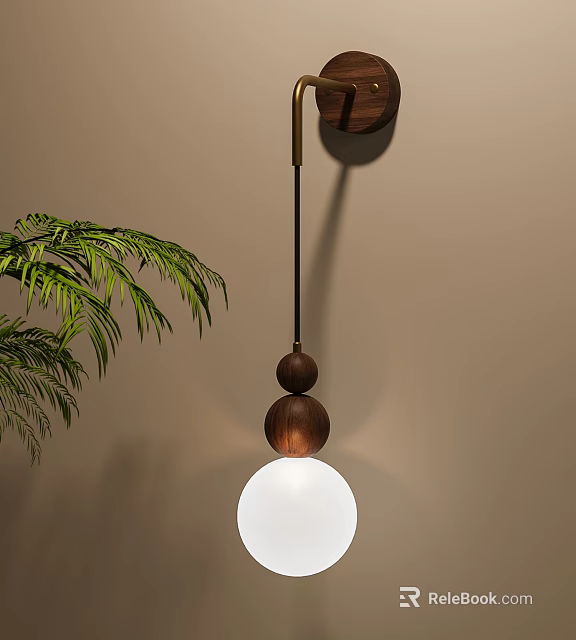 Modern Wooden Wall Lamp With Hanging Wooden Balls White Spherical Shade And Green Plant 3d model 