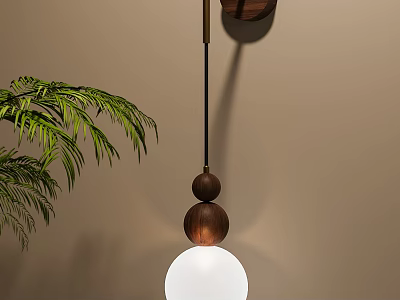 Modern Wooden Wall Lamp With Hanging Wooden Balls White Spherical Shade And Green Plant 3d model