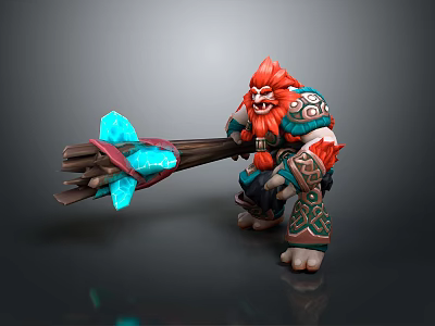 Red Haired Game Character With Large Weapon Ornate Armor And Blue Glowing Elements 3d model