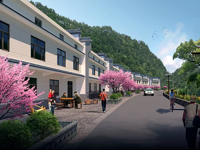 Picturesque Rural Road With White Houses Pink Cherry Blossom Trees People Walking And Mountain View 3d model