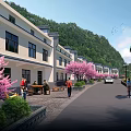 Picturesque Rural Road With White Houses Pink Cherry Blossom Trees People Walking And Mountain View