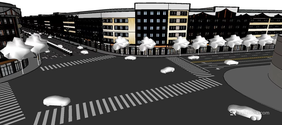 Modern Commercial Street With Multi Story Buildings Trees Vehicles And Crosswalks 3d model 