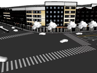 Modern Commercial Street With Multi Story Buildings Trees Vehicles And Crosswalks 3d model