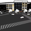 Modern Commercial Street With Multi Story Buildings Trees Vehicles And Crosswalks