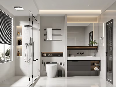 Modern Bathroom Interior With Glass Shower Enclosure White Toilet Vanity Large Mirror And Towel Shelves 3d model