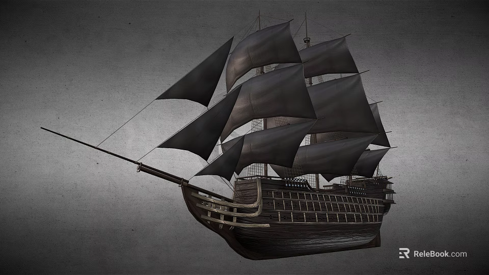 Classic Wooden Sailing Ship With Multiple Black Sails And Wooden Hull Structure 3d model 
