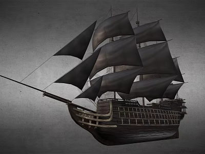 Classic Wooden Sailing Ship With Multiple Black Sails And Wooden Hull Structure 3d model