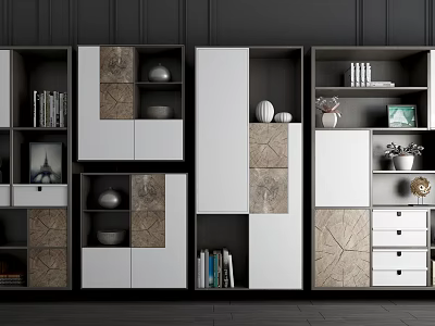 Modern Decorative Cabinets With White And Marble Texture Open Shelves And Decorative Items 3d model