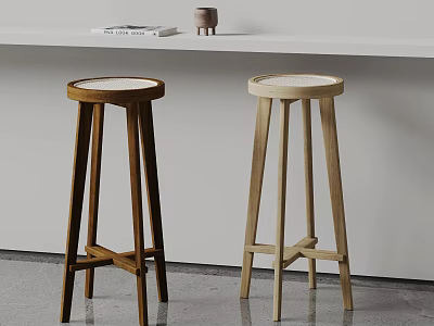 Two Wooden Bar Stools With Round Seats Different Wood Tones Modern Interior White Countertop 3d model