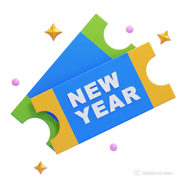 Colorful New Year Tickets With Blue Green Yellow Design Golden Stars And Pink Purple Dots 3d model 