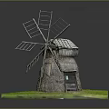 Traditional Wooden Windmill with Thatched Roof and Classic Wooden Structure on Green Grass Base