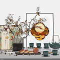 Traditional Chinese Ornament Decor Set With Blossom Branches Framed Art Tea Set And Mooncakes
