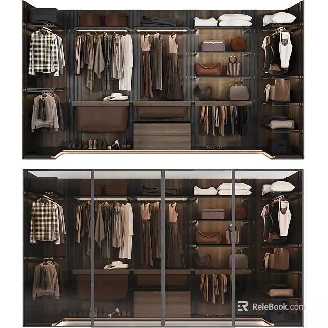 Modern Custom Closet Organization With Hanging Clothes Storage Boxes Shoes And Bags 3d model 