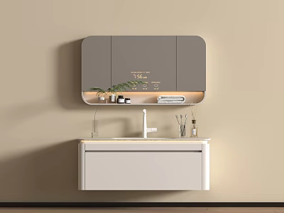 Modern Bathroom Cabinet With Gray Mirror LED Light Toiletries And Plant 3d model
