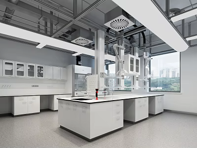 Modern Open Laboratory With White Cabinets Lab Benches Ventilation Equipment And City View Windows 3d model
