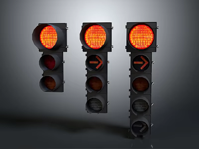 Three Traffic Lights With Illuminated Red Signals And Directional Arrows 3d model