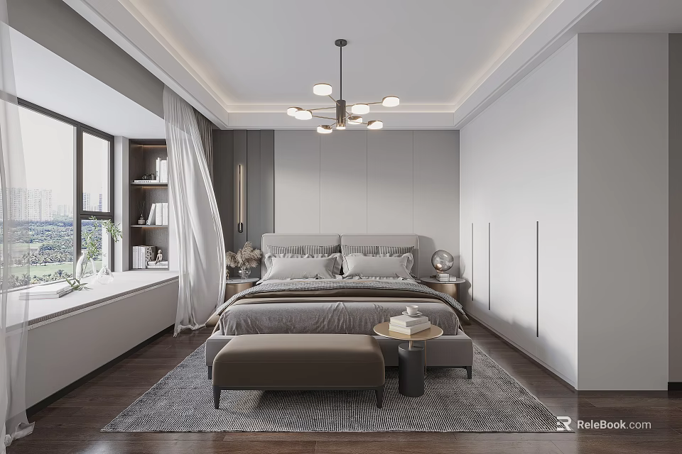 Modern Minimalist Bedroom Interior Design With Large Bed Chandelier Window Bookshelf Nightstand And Gray Rug 3d model 