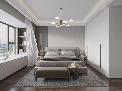 Modern Minimalist Bedroom Interior Design With Large Bed Chandelier Window Bookshelf Nightstand And Gray Rug 3d model