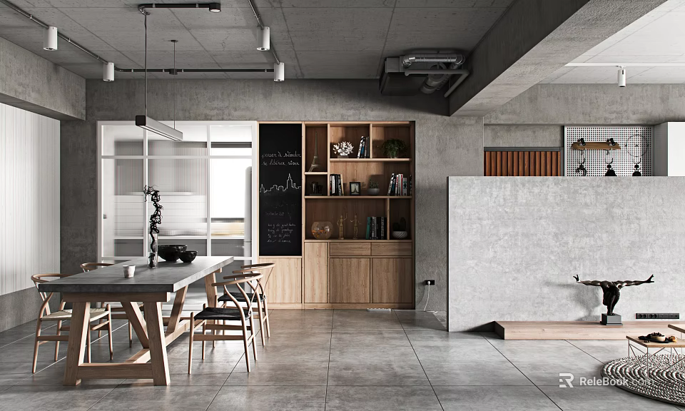 Modern Living And Dining Room Interior With Wooden Cabinets Black Chalkboard Wall And Hanging Lights 3d model 