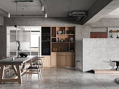 Modern Living And Dining Room Interior With Wooden Cabinets Black Chalkboard Wall And Hanging Lights 3d model