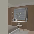 Minimalist Bay Window Interior With Wooden Desk Books Photo Frame Bamboo Plant And Table Lamp
