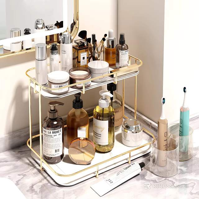Stylish Gold Bathroom Accessories Storage Rack With Toiletries Bottles And Toothbrushes 3d model 