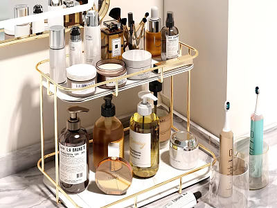 Stylish Gold Bathroom Accessories Storage Rack With Toiletries Bottles And Toothbrushes 3d model