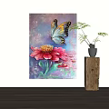 Vibrant Butterfly And Flower Painting With Potted Plant On Wooden Stand