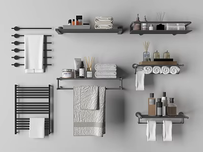 Bathroom Accessories Including Towel Racks Shelves Towels Toiletries And Diffusers 3d model
