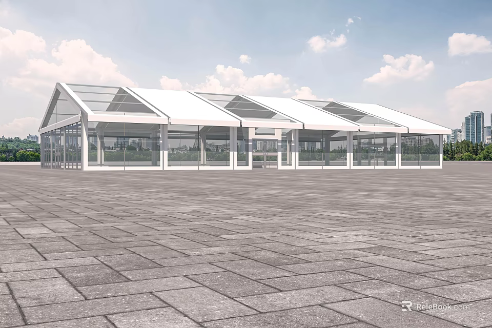 White Tented Building With Transparent Glass Windows Set In Open Stone Paved Square Under Blue Sky 3d model 