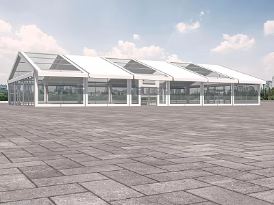 White Tented Building With Transparent Glass Windows Set In Open Stone Paved Square Under Blue Sky 3d model