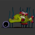 Cartoon Green Fish With Red Spots Yellow Teeth Blue Eyes Near Purple Conch Green Seaweed