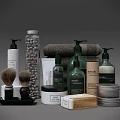 Modern Bathroom Accessories Including Shampoo Bottles Towels Shaving Brush And Metal Tins
