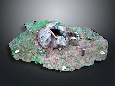 Lush Green Vegetation on Terrain Model Featuring Rocks Cave Structure and Markers 3d model