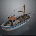 Vintage Fishing Boat With Red Roof Blue Hull And Crane For Water Transport