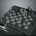 Modern Chessboard Setup With Blue White Squares And Metallic Chess Pieces