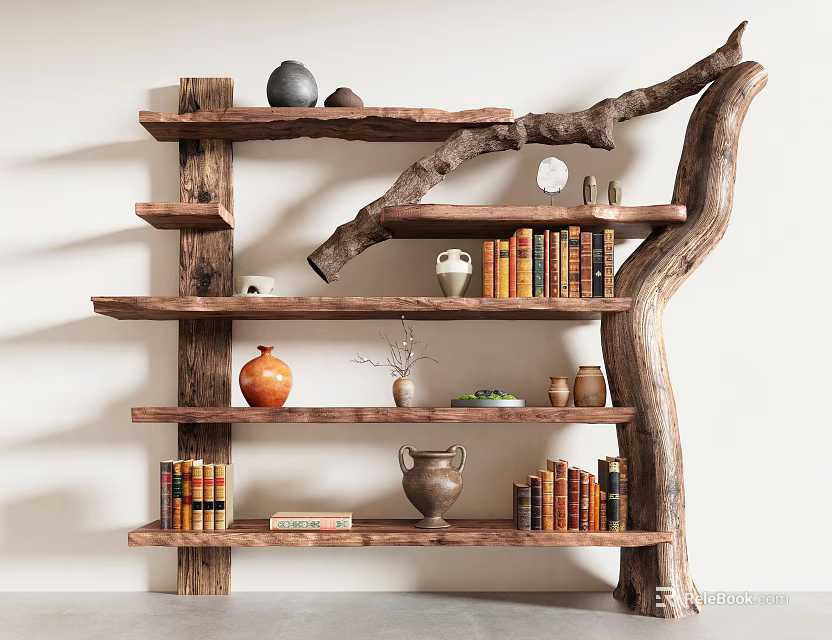 Natural Wooden Log Shelf With Multiple Layers Holding Books Pottery And Decorative Items 3d model 