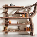 Natural Wooden Log Shelf With Multiple Layers Holding Books Pottery And Decorative Items