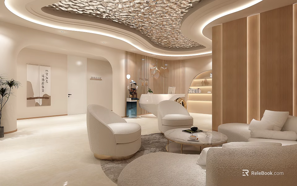 Elegant Modern Reception Area Interior Design With White Sofas And Decorative Ceiling 3d model 
