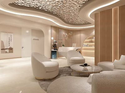 Elegant Modern Reception Area Interior Design With White Sofas And Decorative Ceiling 3d model