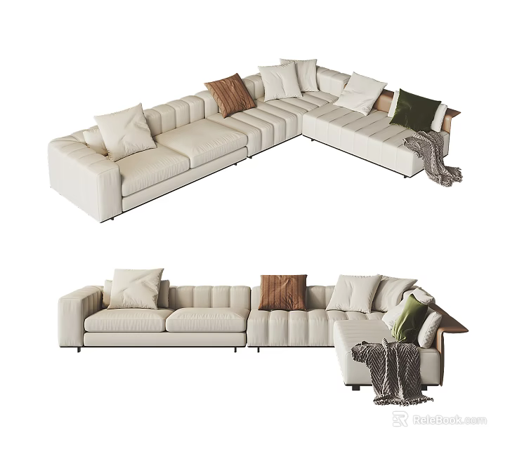 Beige Sectional Multi Person Sofa with Various Colored Cushions and Throw Blanket 3d model