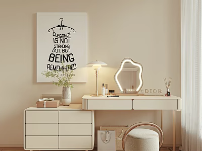 Stylish Dressing Table Setup With Illuminated Mirror Table Lamp Cosmetics Drawers And Decorative Poster 3d model
