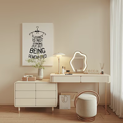 Stylish Dressing Table Setup With Illuminated Mirror Table Lamp Cosmetics Drawers And Decorative Poster 3d model